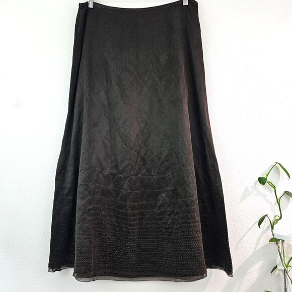 Eileen Fisher Silk/Linen Satin Weave Wonderland A-Line Skirt Sz L Olive Casual - Picture 3 of 14